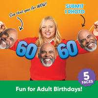 Personalized 60th birthday garland banner with custom face photo cutouts and party décor.