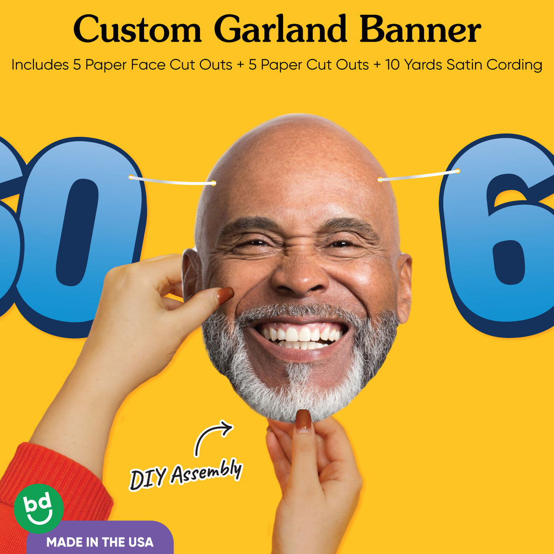 60th birthday party custom face banner with oversized cutouts and black & gold theme.