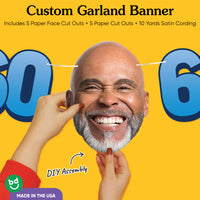 60th birthday party custom face banner with oversized cutouts and black & gold theme.
