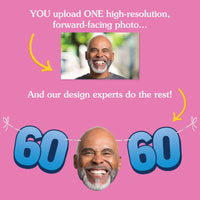 Milestone 60th birthday celebration garland banner featuring custom photo faces and decorative shapes