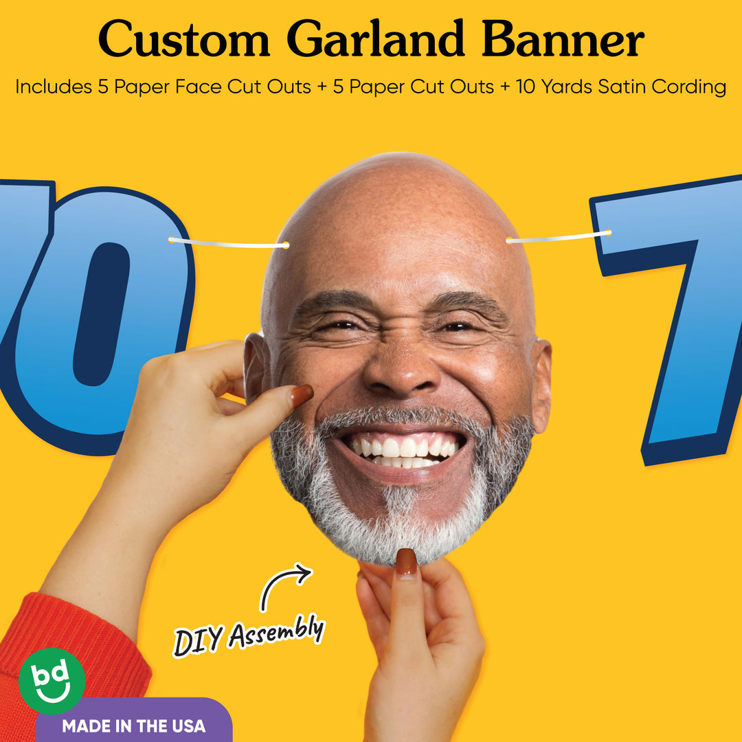 Cardstock finish and satin string on 70th birthday face banner