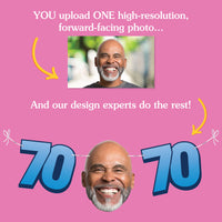 Upload one photo for custom 70th birthday fun face banner