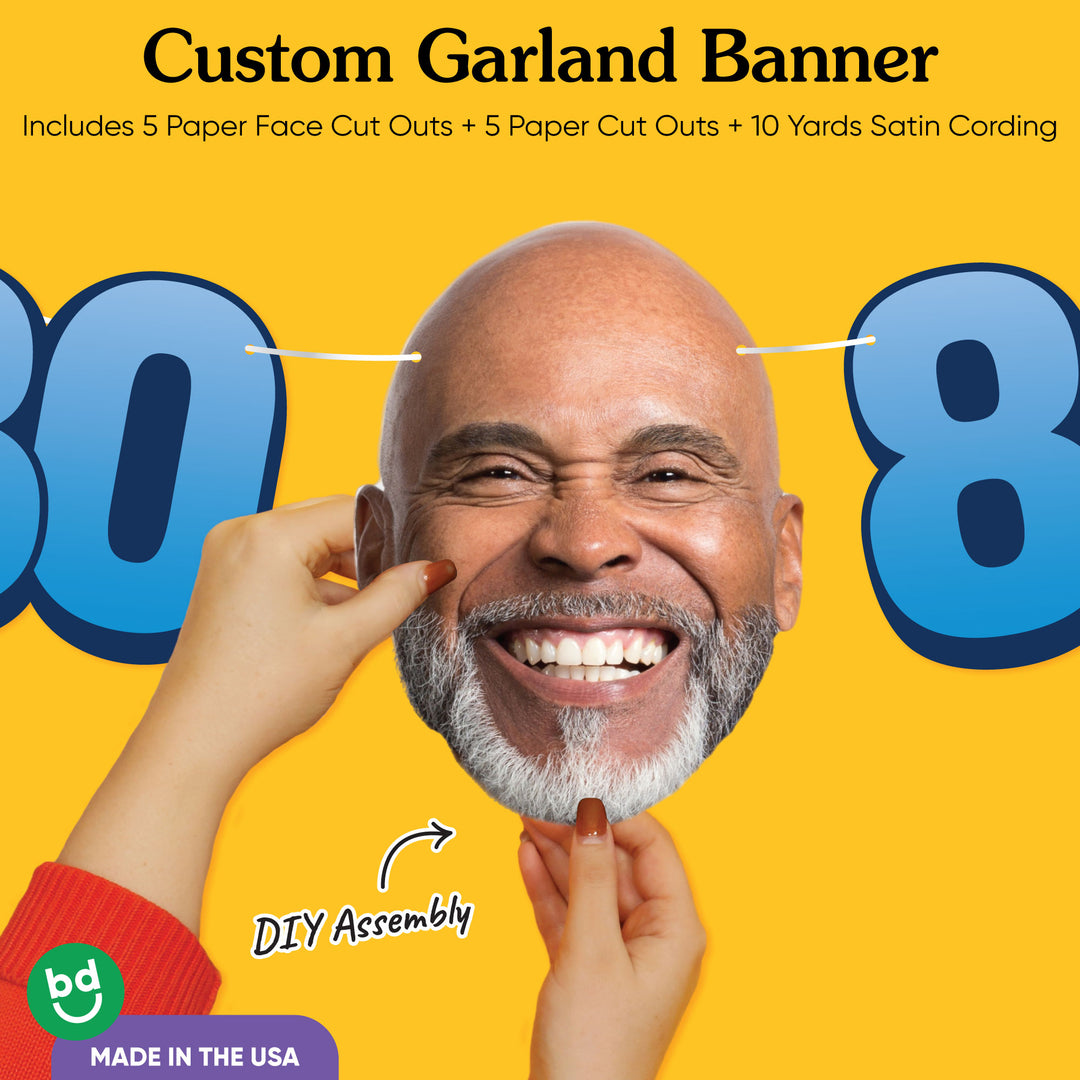 Cardstock finish and satin string on 80th birthday face banner