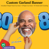 Cardstock finish and satin string on 80th birthday face banner