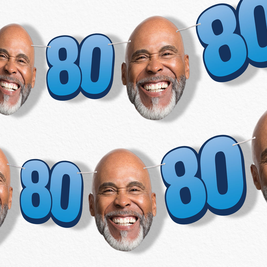 Blue 80th birthday fun face garland banner