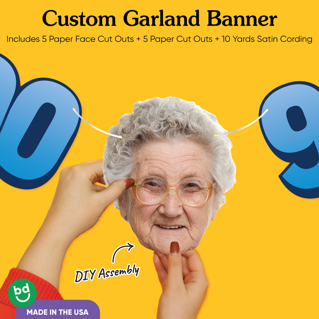 Cardstock finish and satin string on 90th birthday face banner