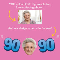 Upload one photo for custom 90th birthday fun face banner