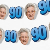 Blue 90th birthday fun face garland banner