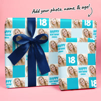 Custom Photo Wrapping Paper - Blue Birthday