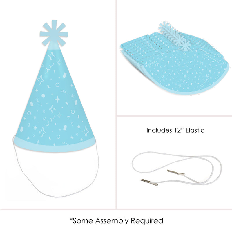 Blue Confetti Stars - Cone Happy Birthday Party Hats for Kids and Adults - Set of 8 (Standard Size)