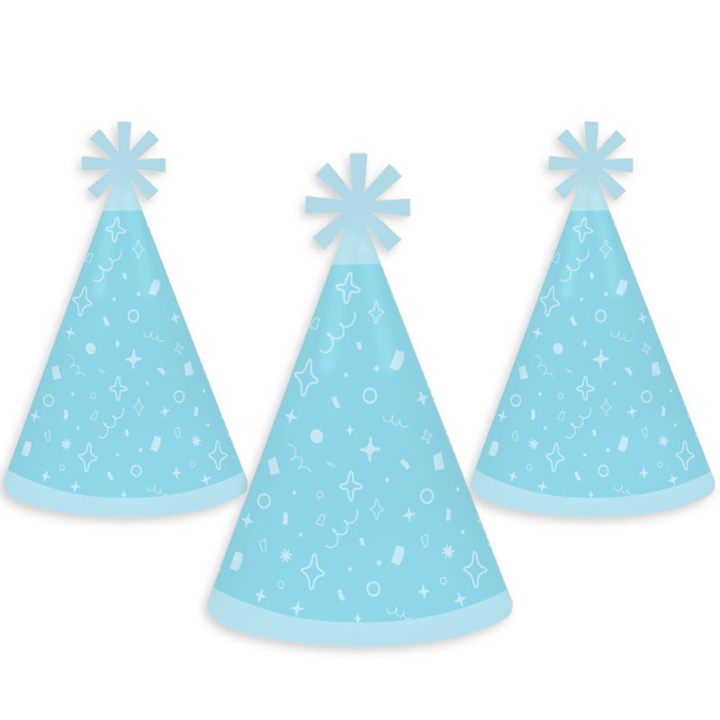 Blue Confetti Stars - Cone Happy Birthday Party Hats for Kids and Adults - Set of 8 (Standard Size)