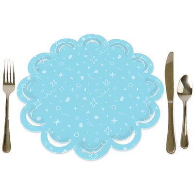 Blue Confetti Stars - Simple Party Round Table Decorations - Paper Chargers - Place Setting For 12