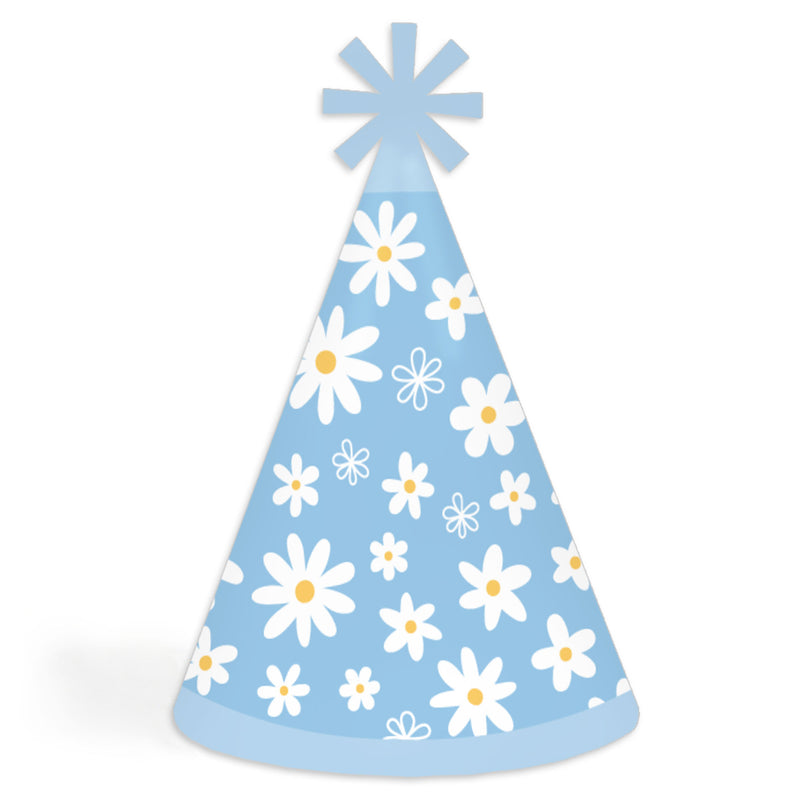 Blue Daisy Flowers - Cone Happy Birthday Party Hats for Kids and Adults - Set of 8 (Standard Size)