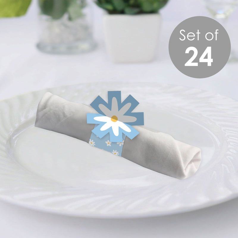 Blue Daisy Flowers - Floral Party Paper Napkin Holder - Napkin Rings - Set of 24