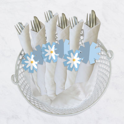 Blue Daisy Flowers - Floral Party Paper Napkin Holder - Napkin Rings - Set of 24