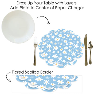 Blue Daisy Flowers - Floral Party Round Table Decorations - Paper Chargers - Place Setting For 12