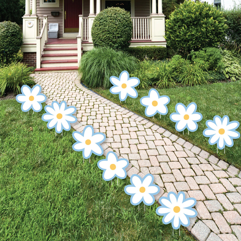 Blue Daisy Flowers - Lawn Decorations - Outdoor Floral Party Yard Decorations - 10 Piece