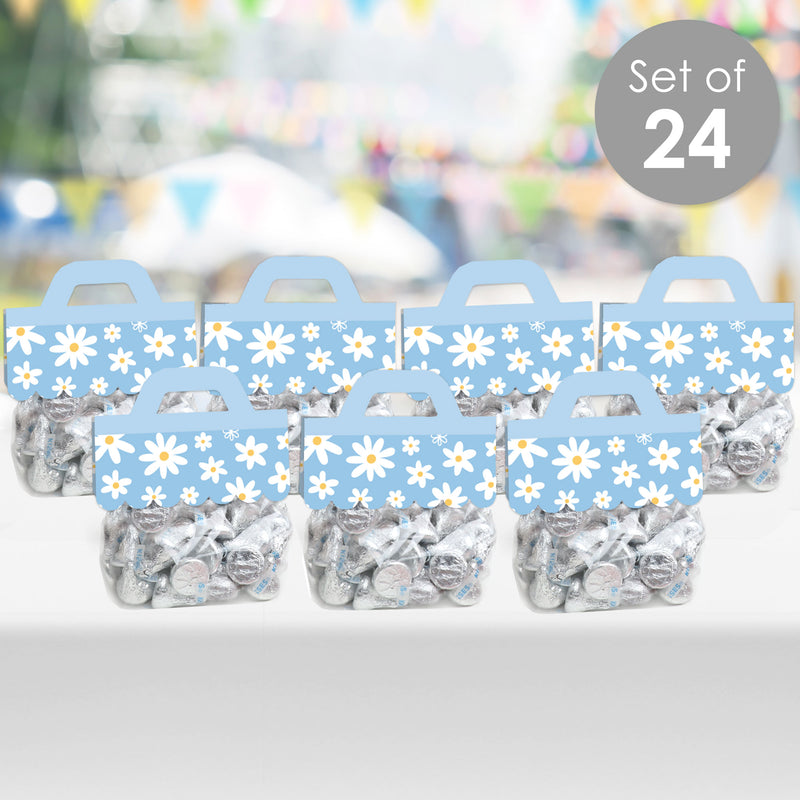 Blue Daisy - DIY Floral Party Clear Goodie Favor Bag Labels - Candy Bags with Toppers - Set of 24
