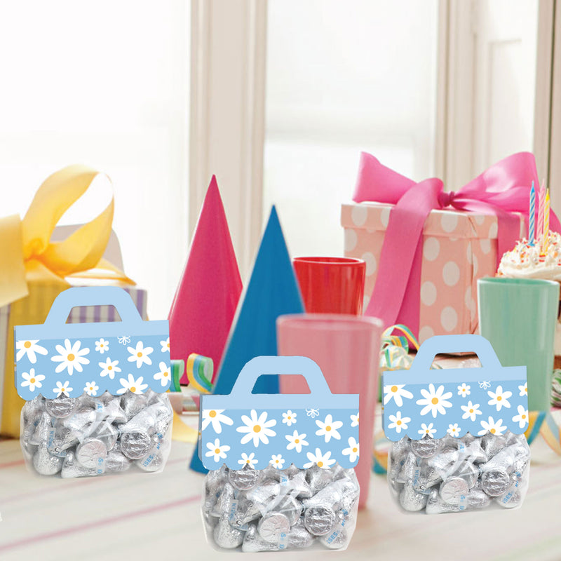 Blue Daisy - DIY Floral Party Clear Goodie Favor Bag Labels - Candy Bags with Toppers - Set of 24