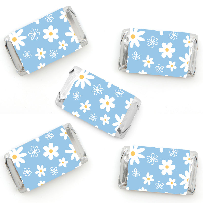 Blue Daisy Flowers - Mini Candy Bar Wrapper Stickers - Floral Party Small Favors - 40 Count