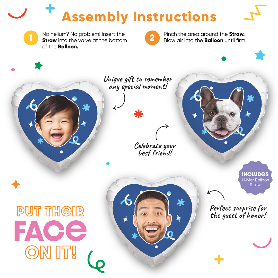 Personalized Fun Face Blue Heart Balloon – Double Sided – 1 Ct
