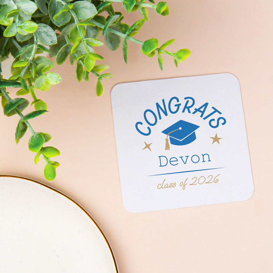 Blue custom name graduation coaster close-up