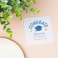 Blue custom name graduation coaster close-up