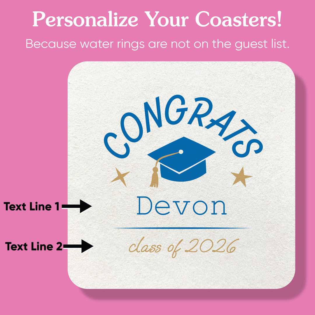 Personalized coaster with graduation design and text on a pink background