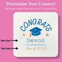 Personalized coaster with graduation design and text on a pink background
