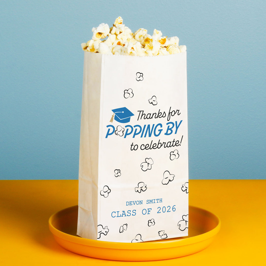 Blue graduation popcorn bag side gusset detail