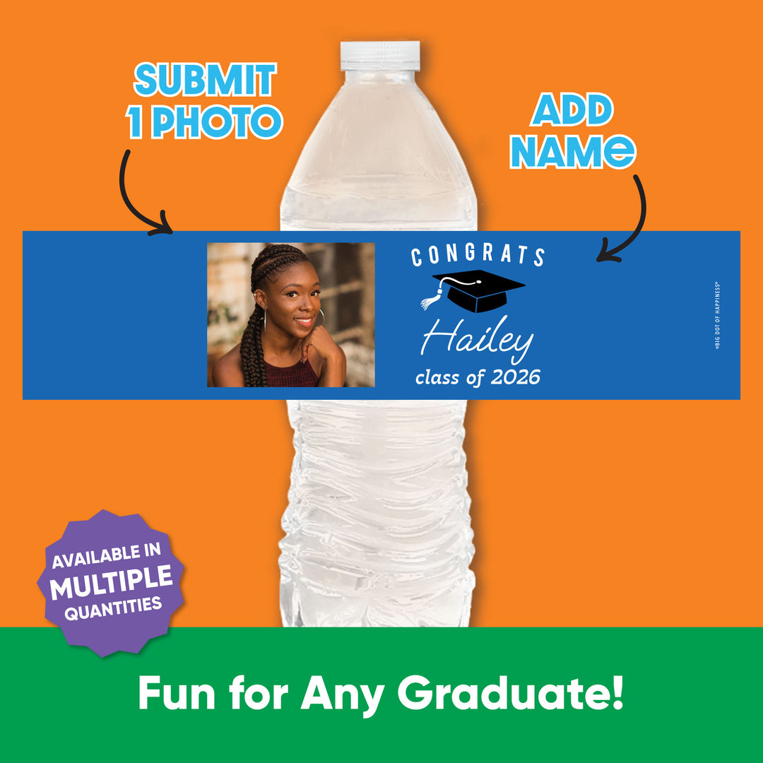 Custom Photo Blue Graduation Water Bottle Labels