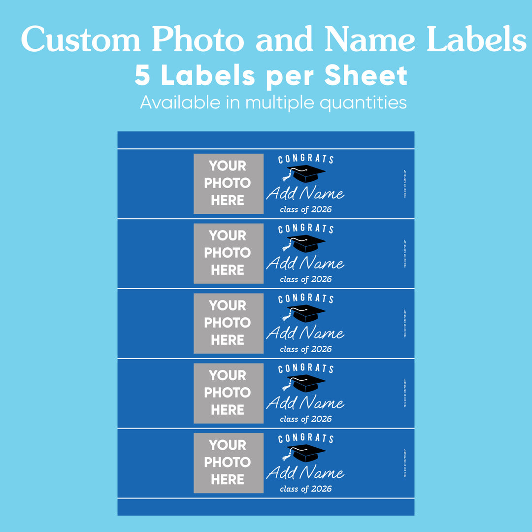 Custom Photo Blue Graduation Water Bottle Labels
