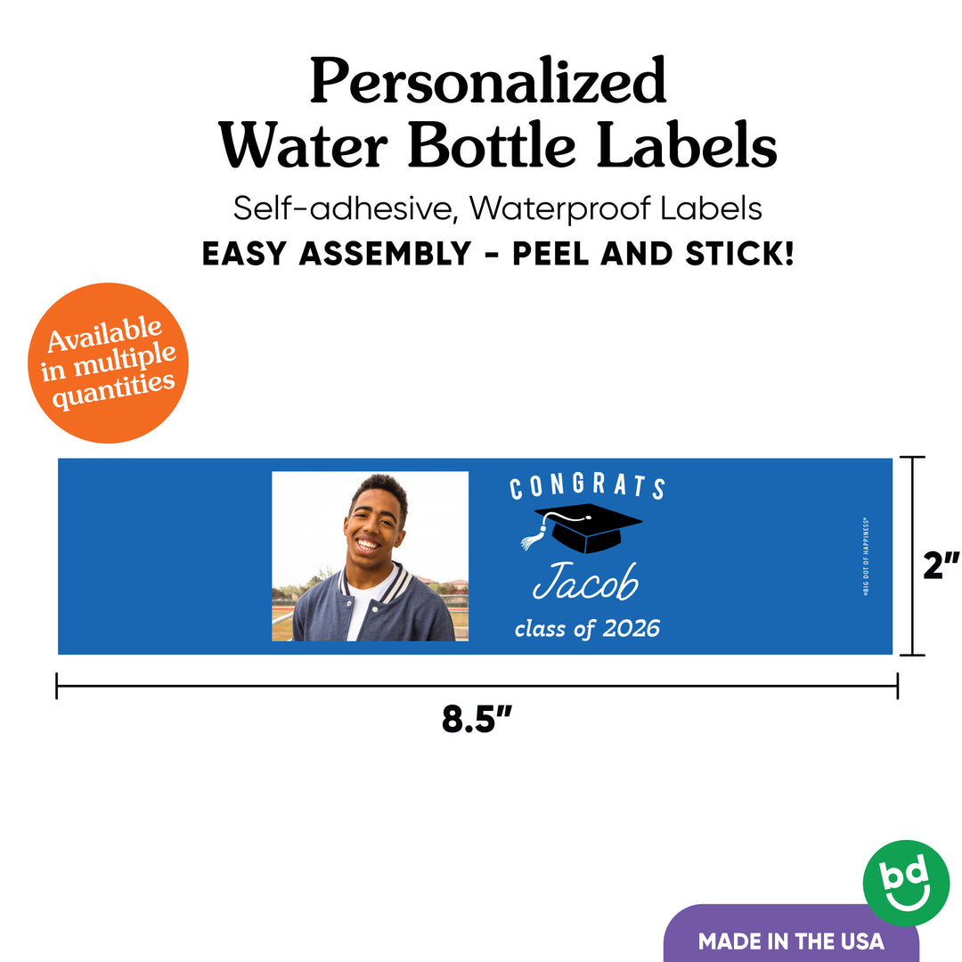 Custom Photo Blue Graduation Water Bottle Labels