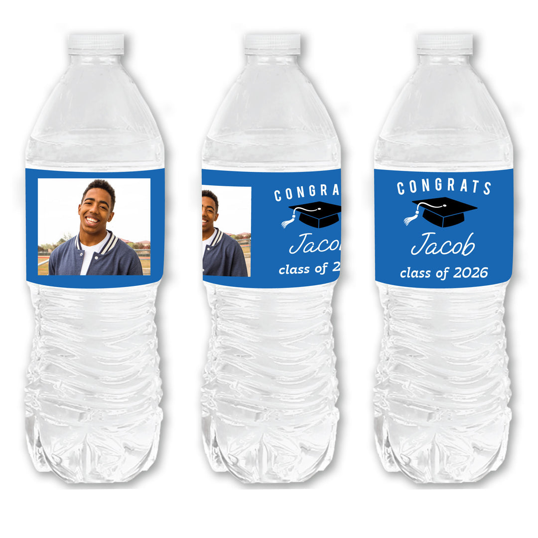 Custom Photo Blue Graduation Water Bottle Labels