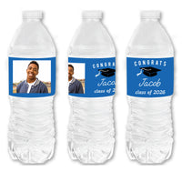 Custom Photo Blue Graduation Water Bottle Labels