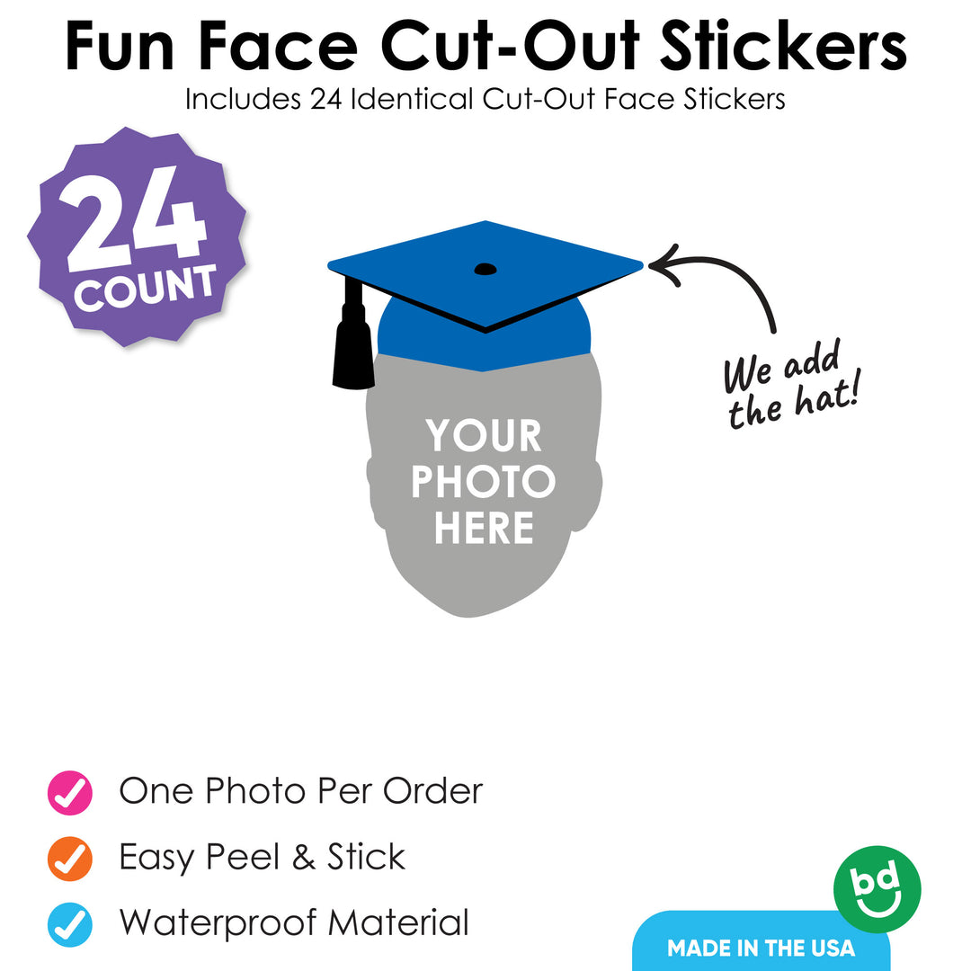 Custom Blue Grad Cap Fun Face Cut-Out Stickers - Set of 24