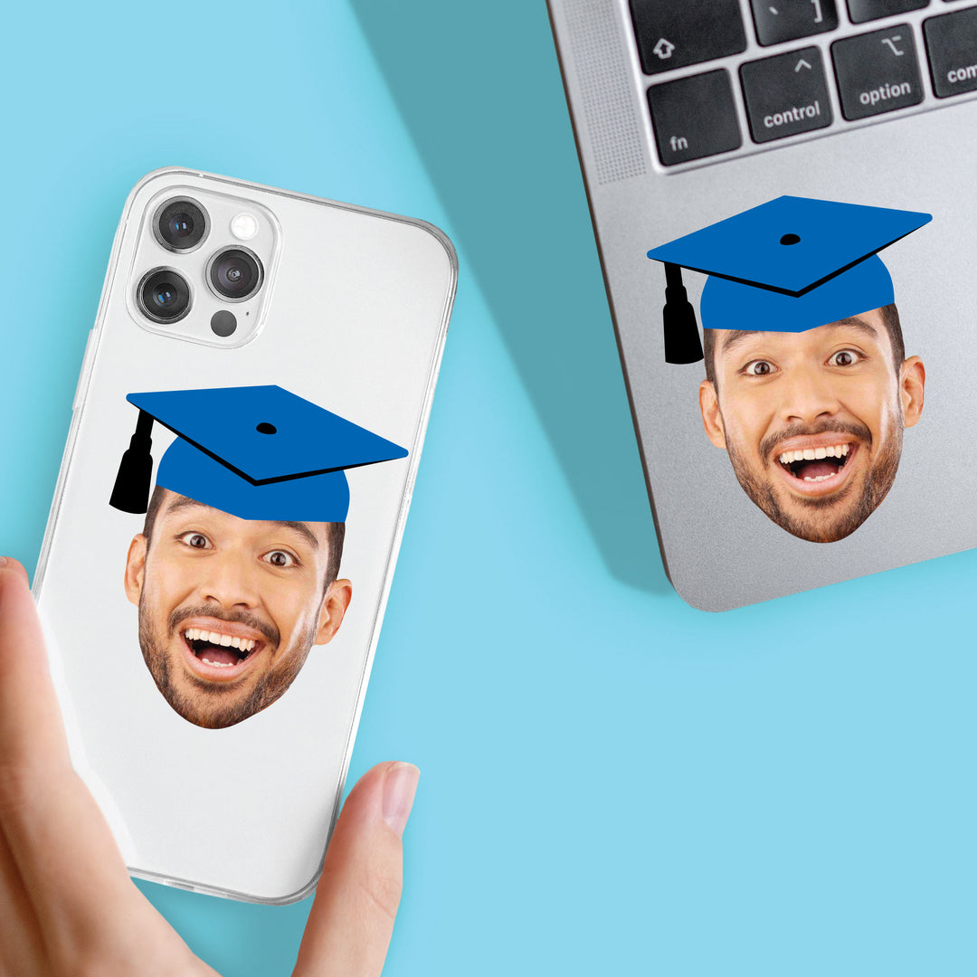 Custom Blue Grad Cap Fun Face Cut-Out Stickers - Set of 24