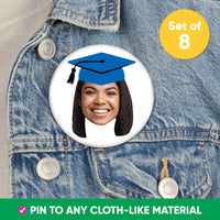 Custom Fun Face Blue Grad Cap Pinback Buttons - 8 Ct