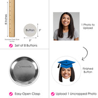 Custom Fun Face Blue Grad Cap Pinback Buttons - 8 Ct
