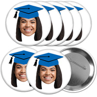 Custom Fun Face Blue Grad Cap Pinback Buttons - 8 Ct