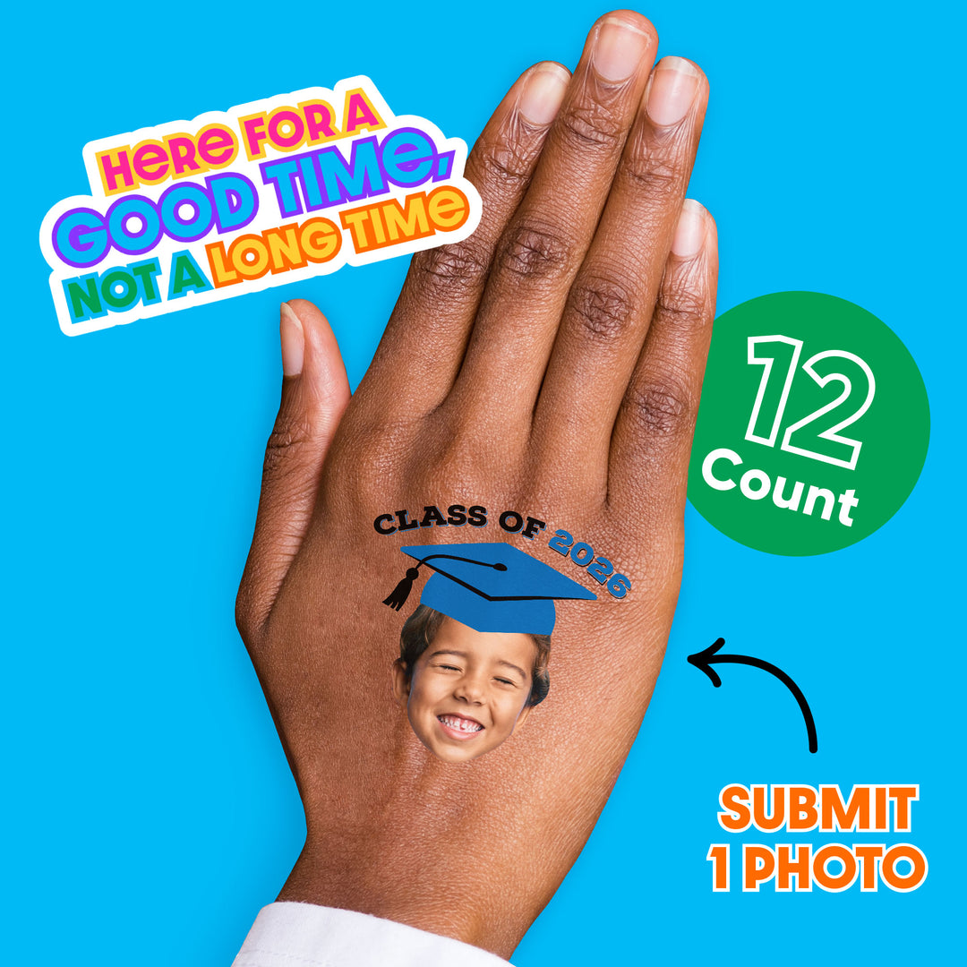 Custom Blue Grad Cap Temporary Tattoos - 12 Ct