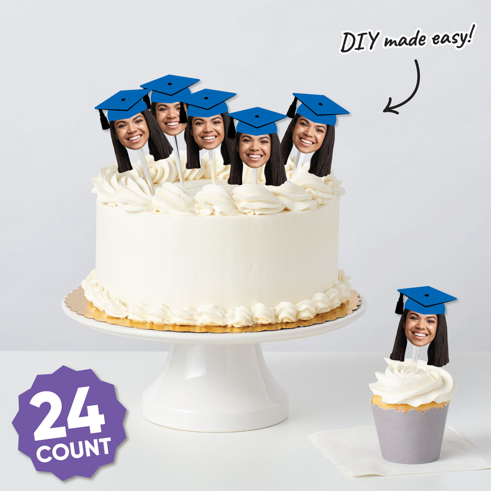 Custom Fun Face Blue Grad Cap Treat Picks - 24 Ct