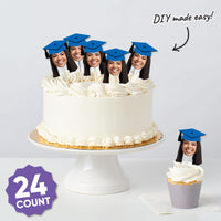 Custom Fun Face Blue Grad Cap Treat Picks - 24 Ct