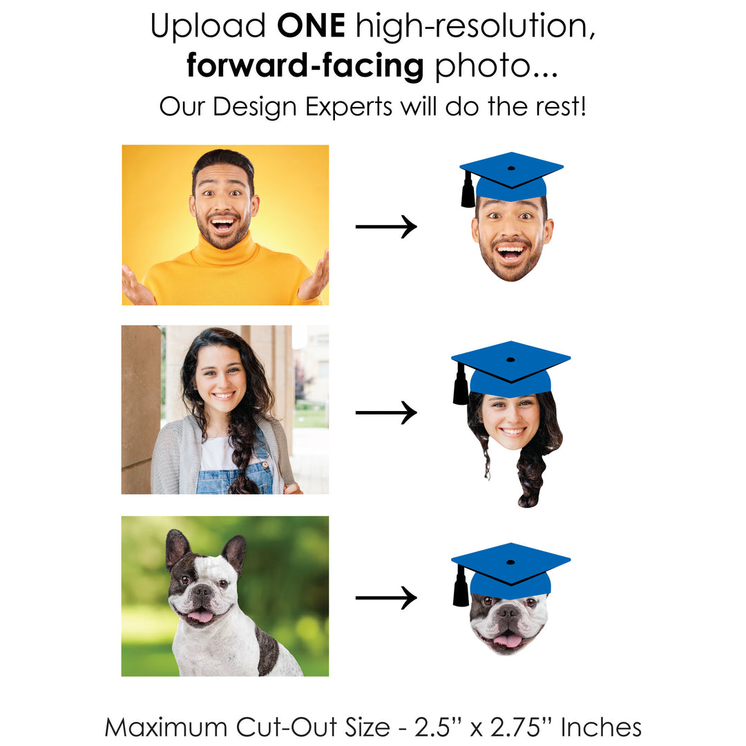 Custom Fun Face Blue Grad Cap Treat Picks - 24 Ct