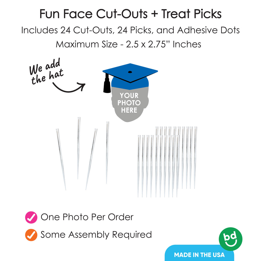 Custom Fun Face Blue Grad Cap Treat Picks - 24 Ct