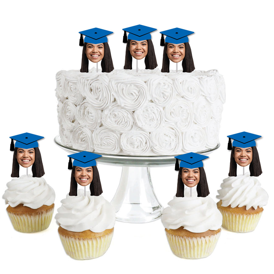 Custom Fun Face Blue Grad Cap Treat Picks - 24 Ct