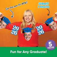 Set of five custom graduation face cutouts with blue numbers