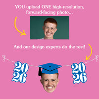 Promotional graphic for a photo customization service with a person's face and graduation-themed design elements on a pink background.