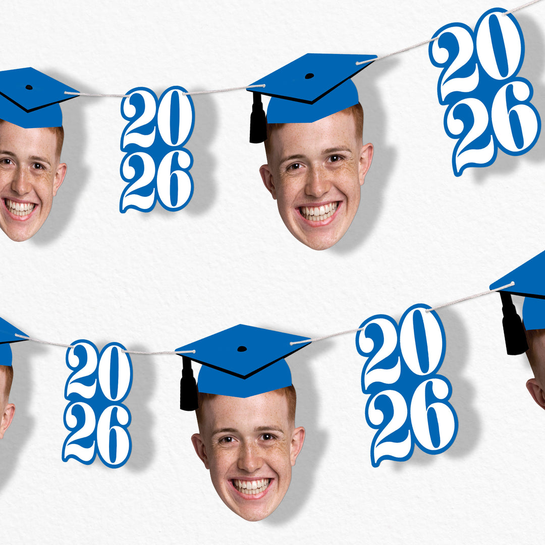 Blue graduation fun face garland banner with custom photo faces