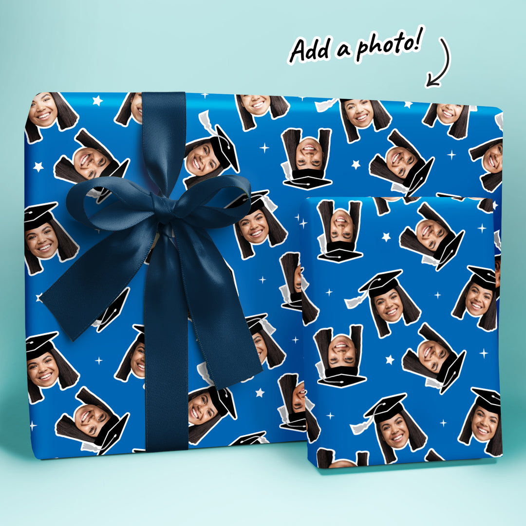 Personalized Photo Blue Graduation Wrapping Paper, Graduate Cap with Tassel
